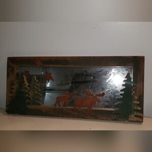 Rustic Vintage Moose & Pine Tree Wall Mirror - Brown/Green